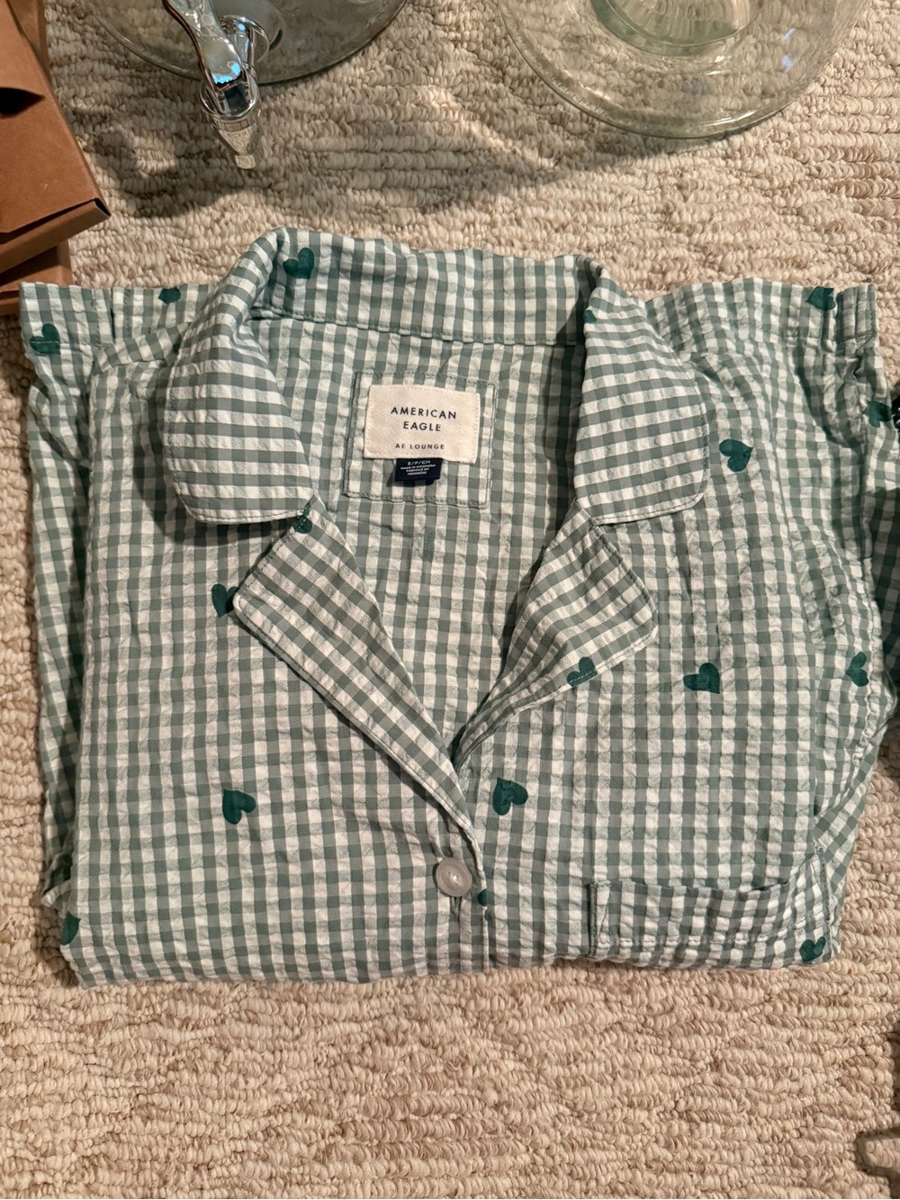 American Eagle Outfitters Green Gingham Hearts Seersucker PJ Set